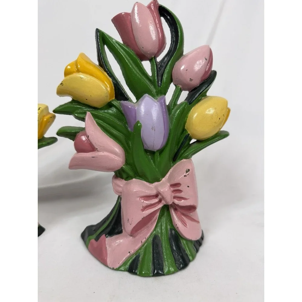 Of 2 Vintage Multicolored Tulips Cast Iron Doorstops Bookends MCM 10